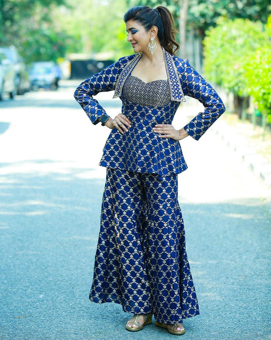 Navy Marigold Brocade Co-ord Set- front view