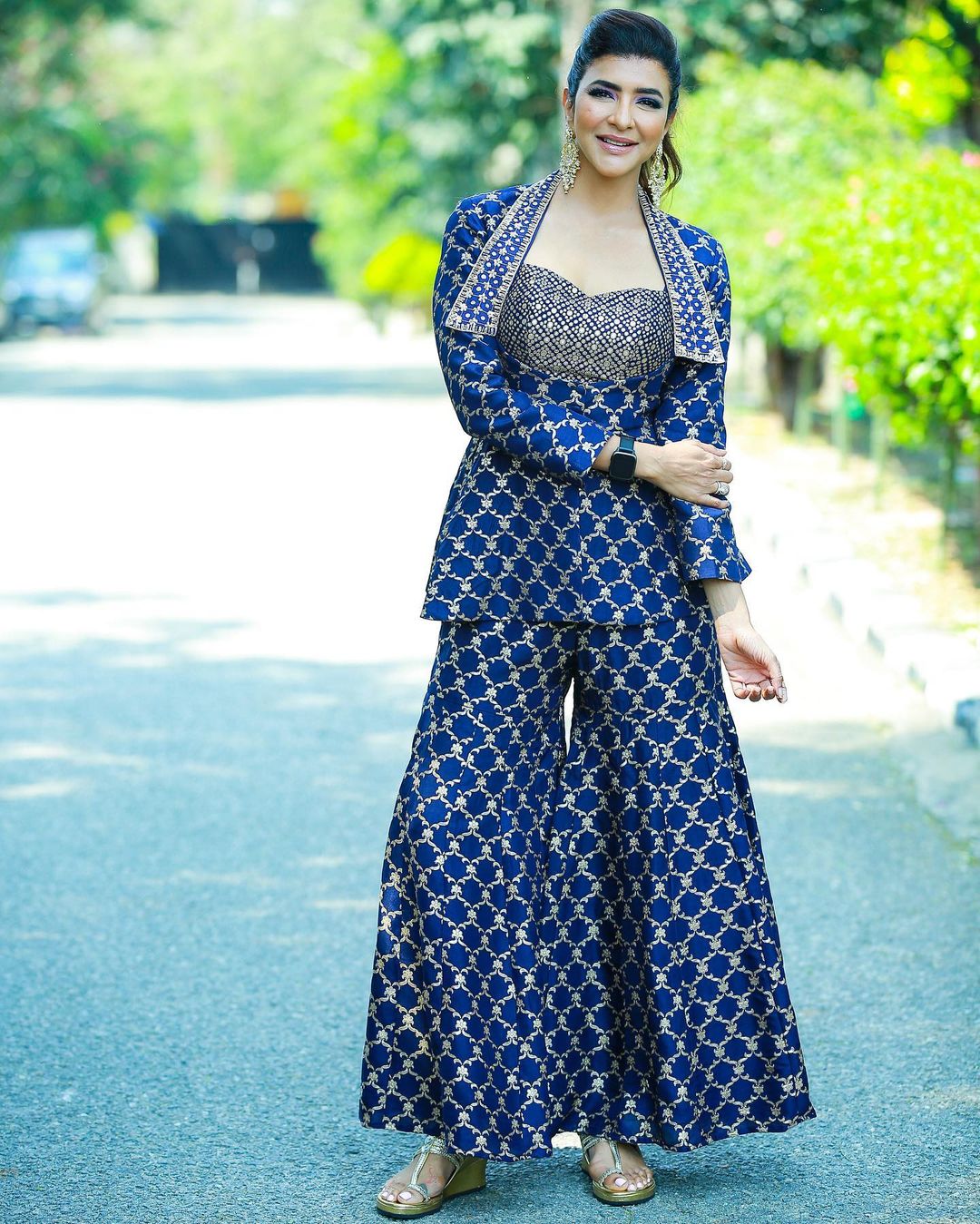 Navy Marigold Brocade Co-ord Set- front view