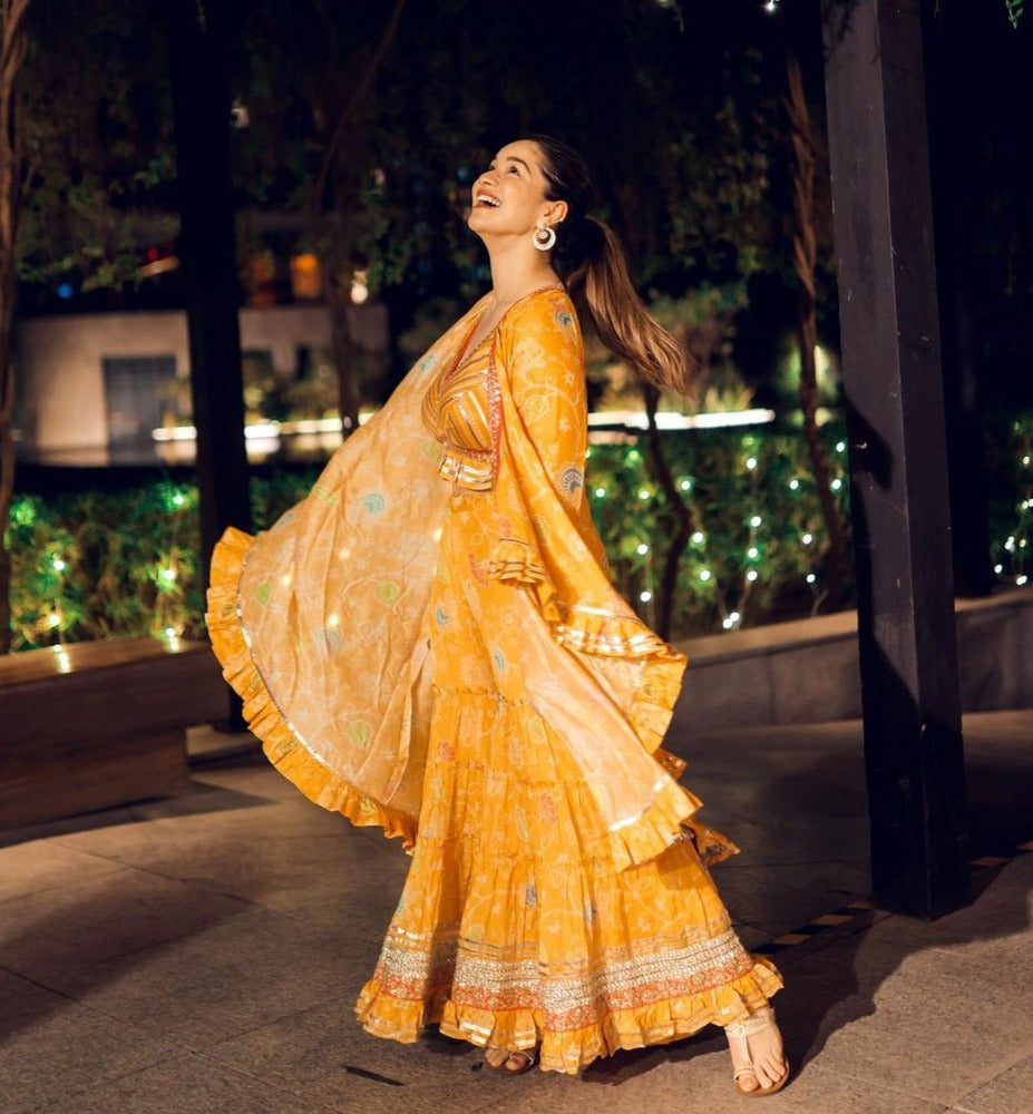 SaraTendulker In Marigold Garden Jacket Sharara Set