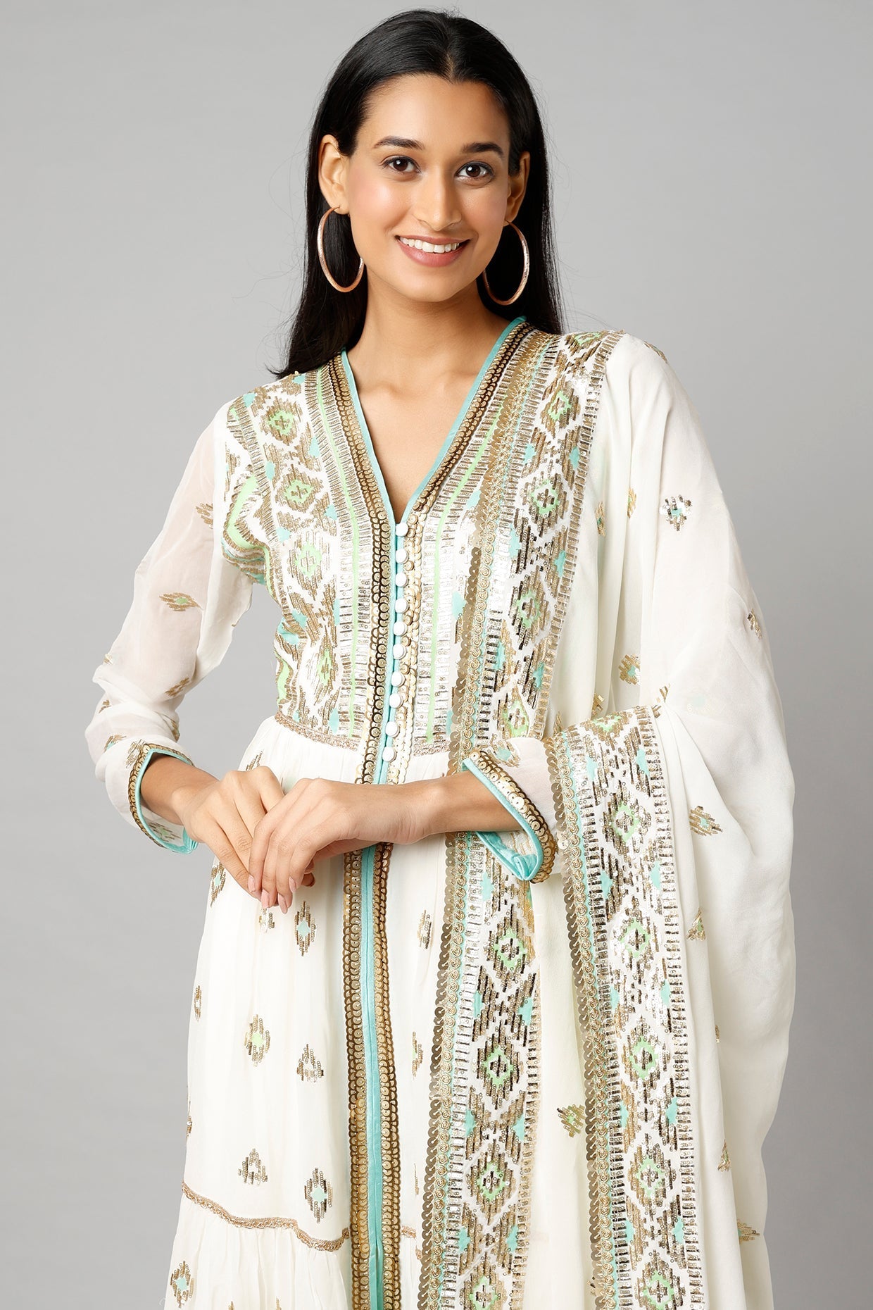 Women's Designer Aziza White Tiered AG set | Gopi Vaid