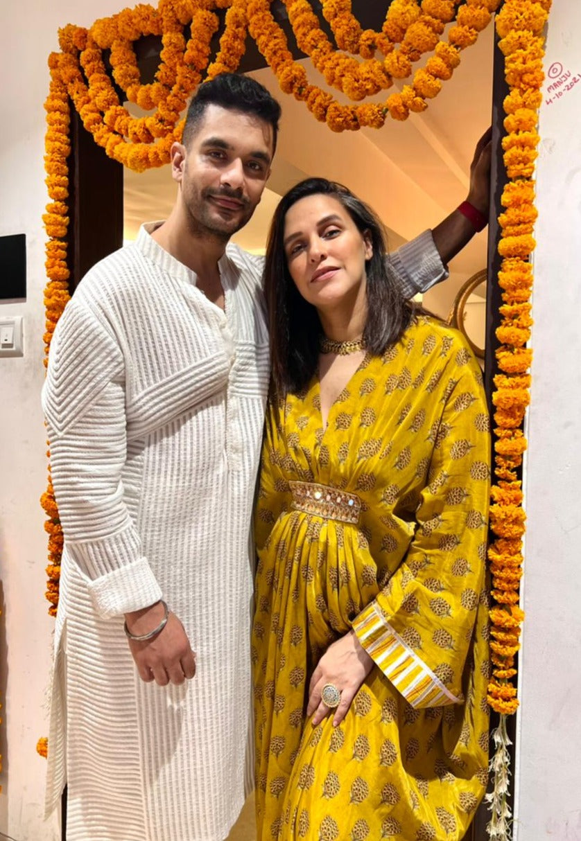 Neha Dhupia In Marigold Buti Kaftan