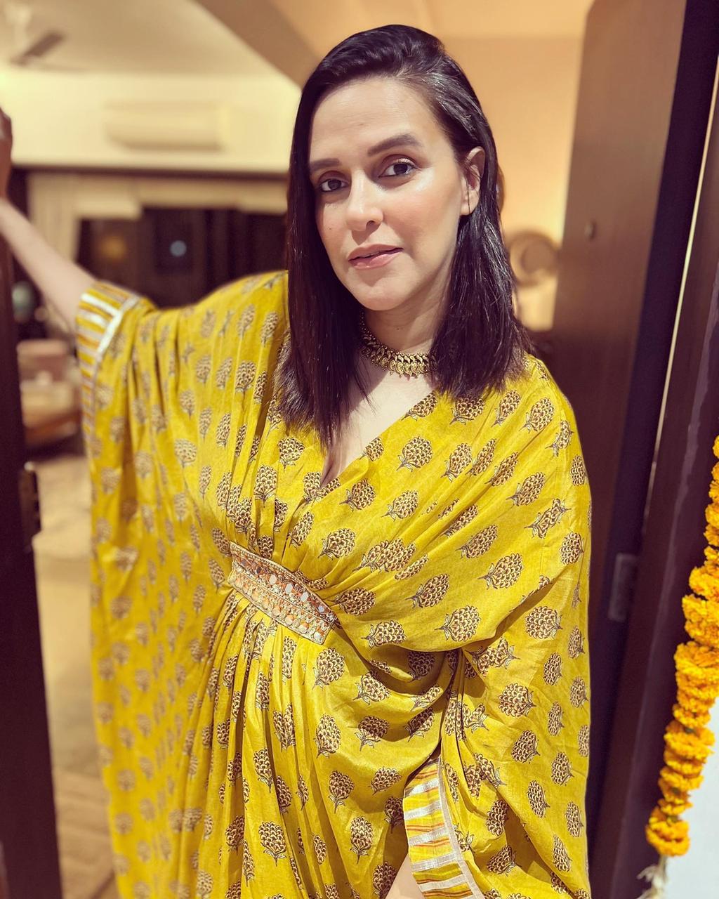 Neha Dhupia In Marigold Buti Kaftan