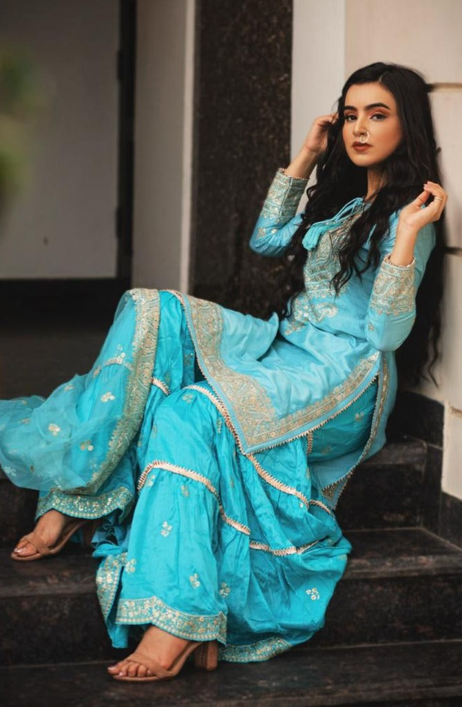 Women's Blue Long Sleeves Short Kurta Set | Gopi Vaid