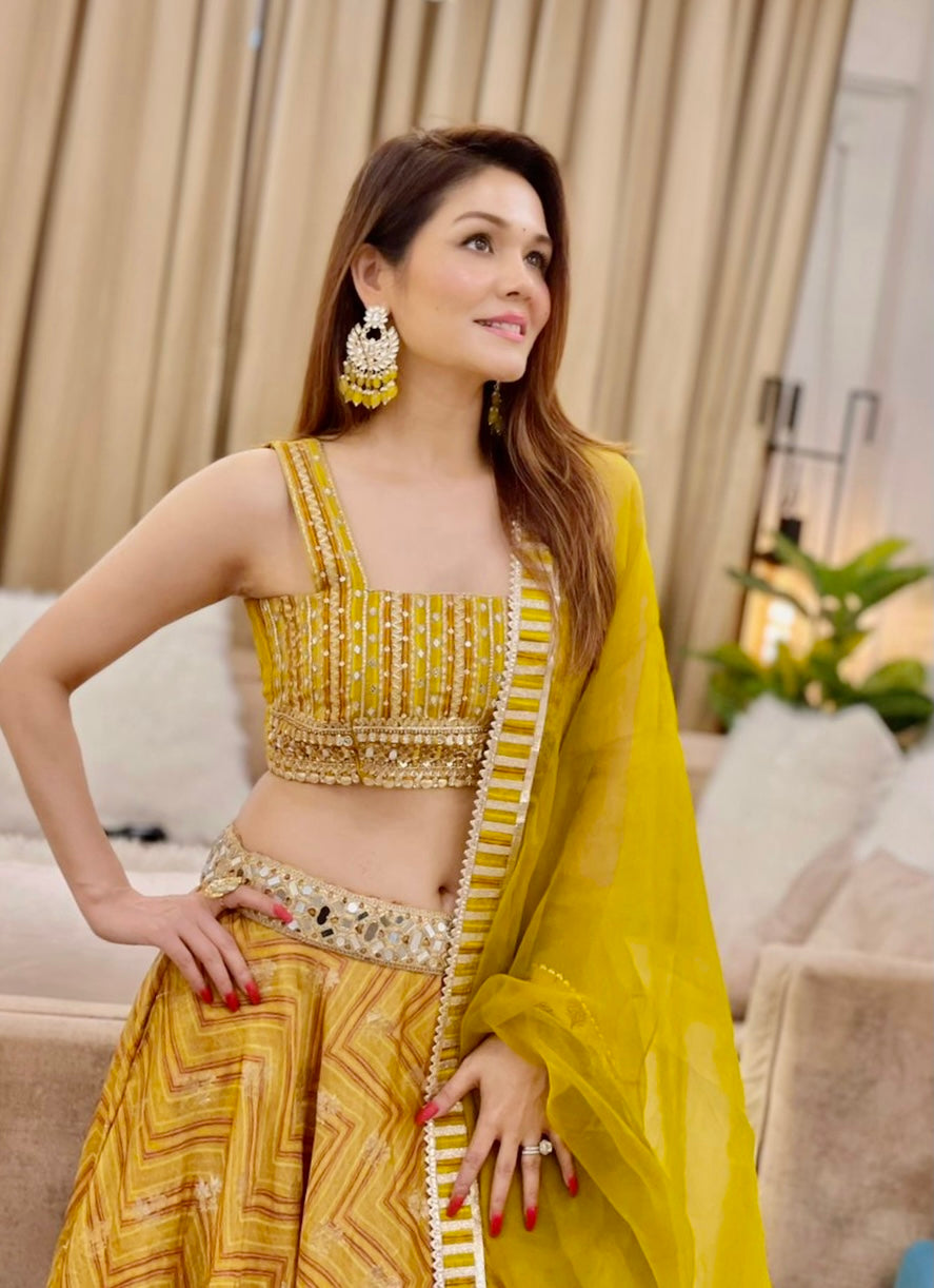 Sonu Kakkar in Marigold Zig-zag Lehenga Set