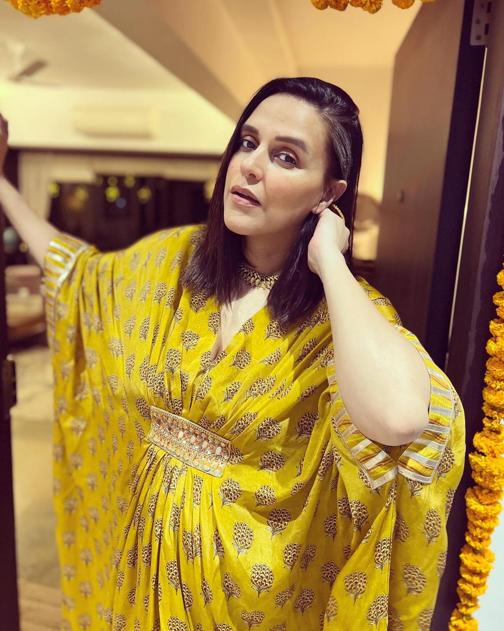 Neha Dhupia In Marigold Buti Kaftan