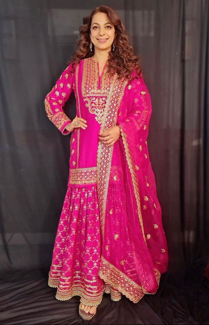 Juhi Chawla in Marigold Brocade Short Garara Set- front view