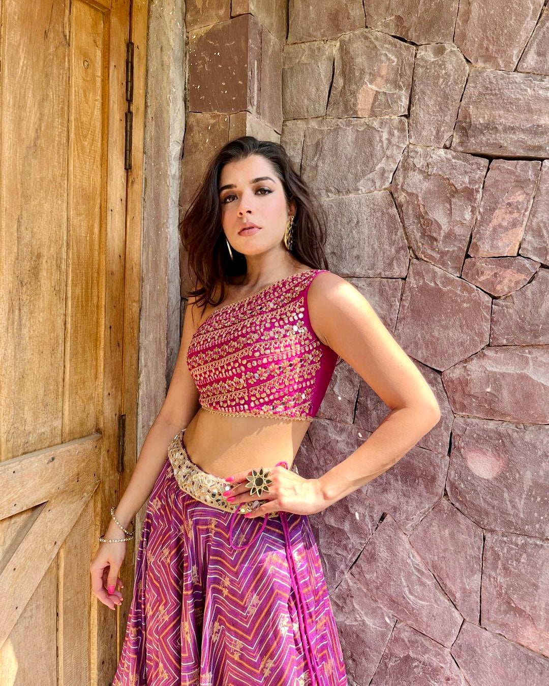 Sukhmani Gambhir in Marigold Zig-zag One Shoulder Skirt Set