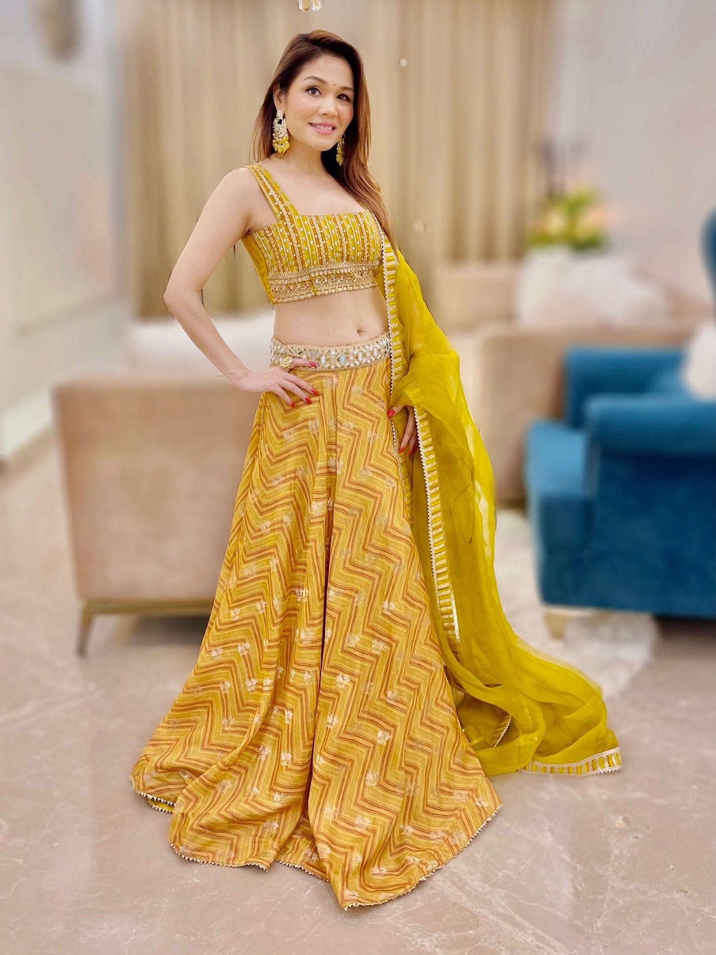 Sonu Kakkar in Marigold Zig-zag Lehenga Set