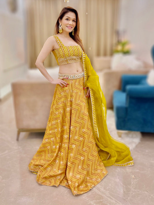 Sonu Kakkar in Marigold Zig-zag Lehenga Set