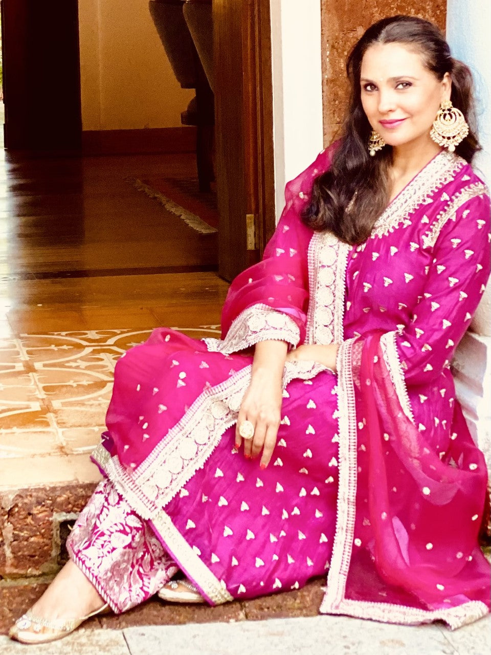 Lara Dutta In Meera Jacket Palazzo Set