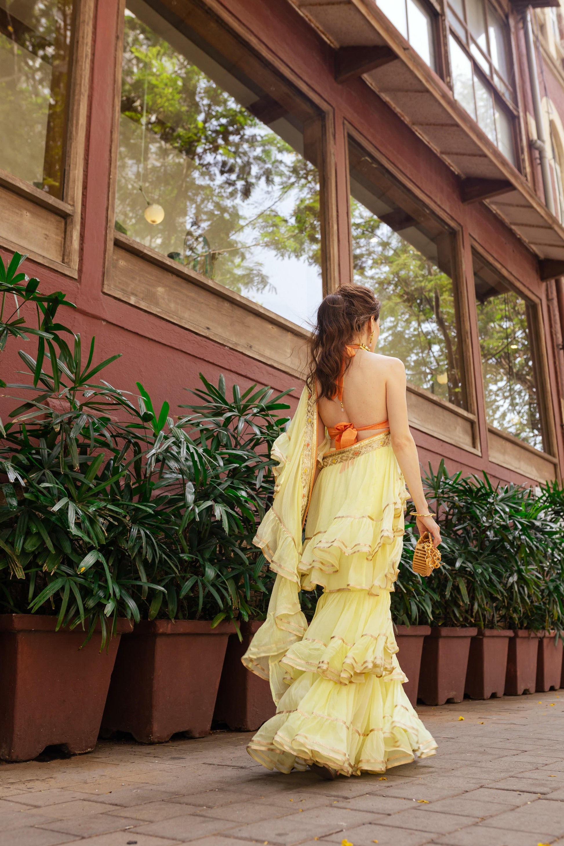 Yellow Idris frill Saree Set- back view