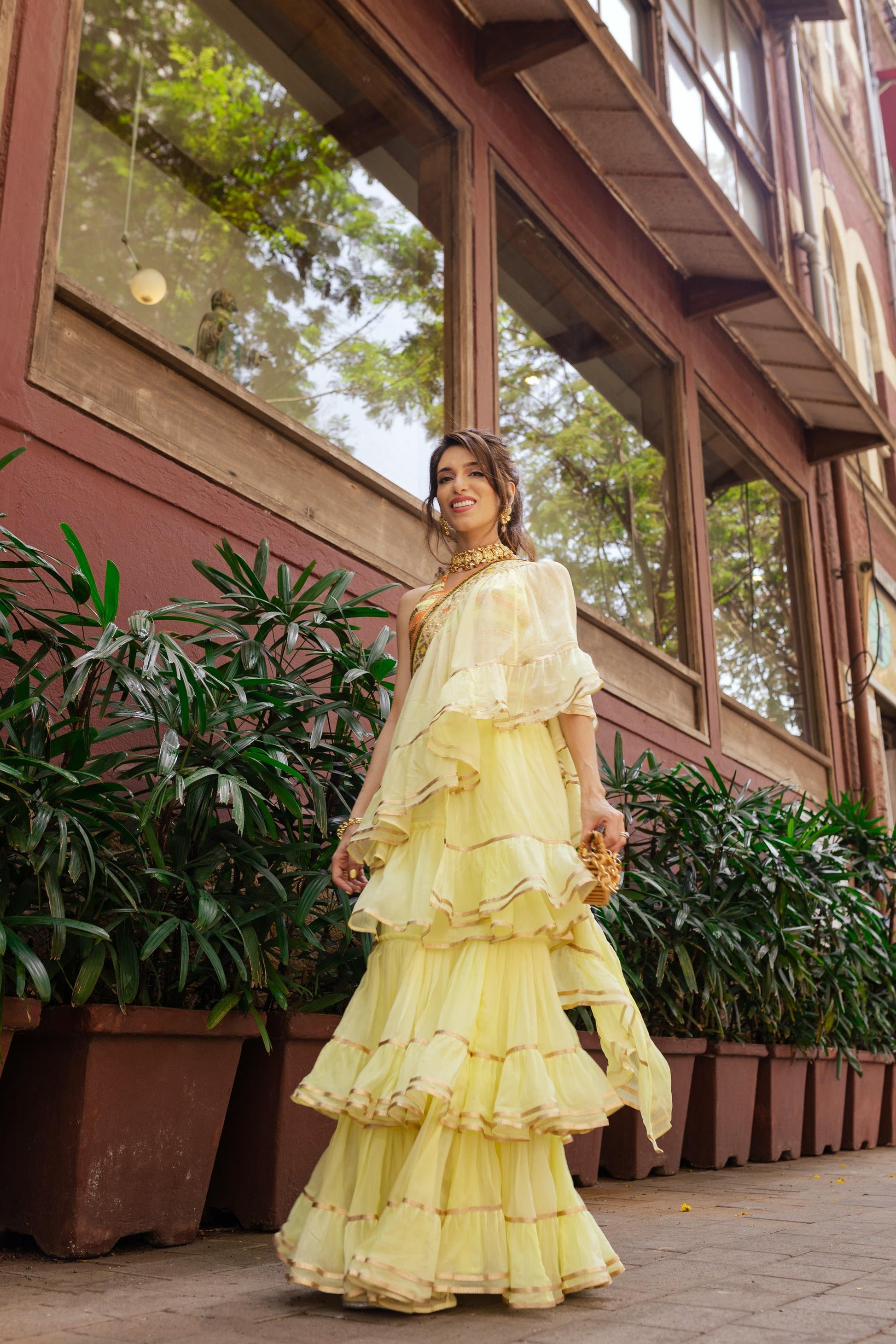 Yellow Idris frill Saree Set- front view