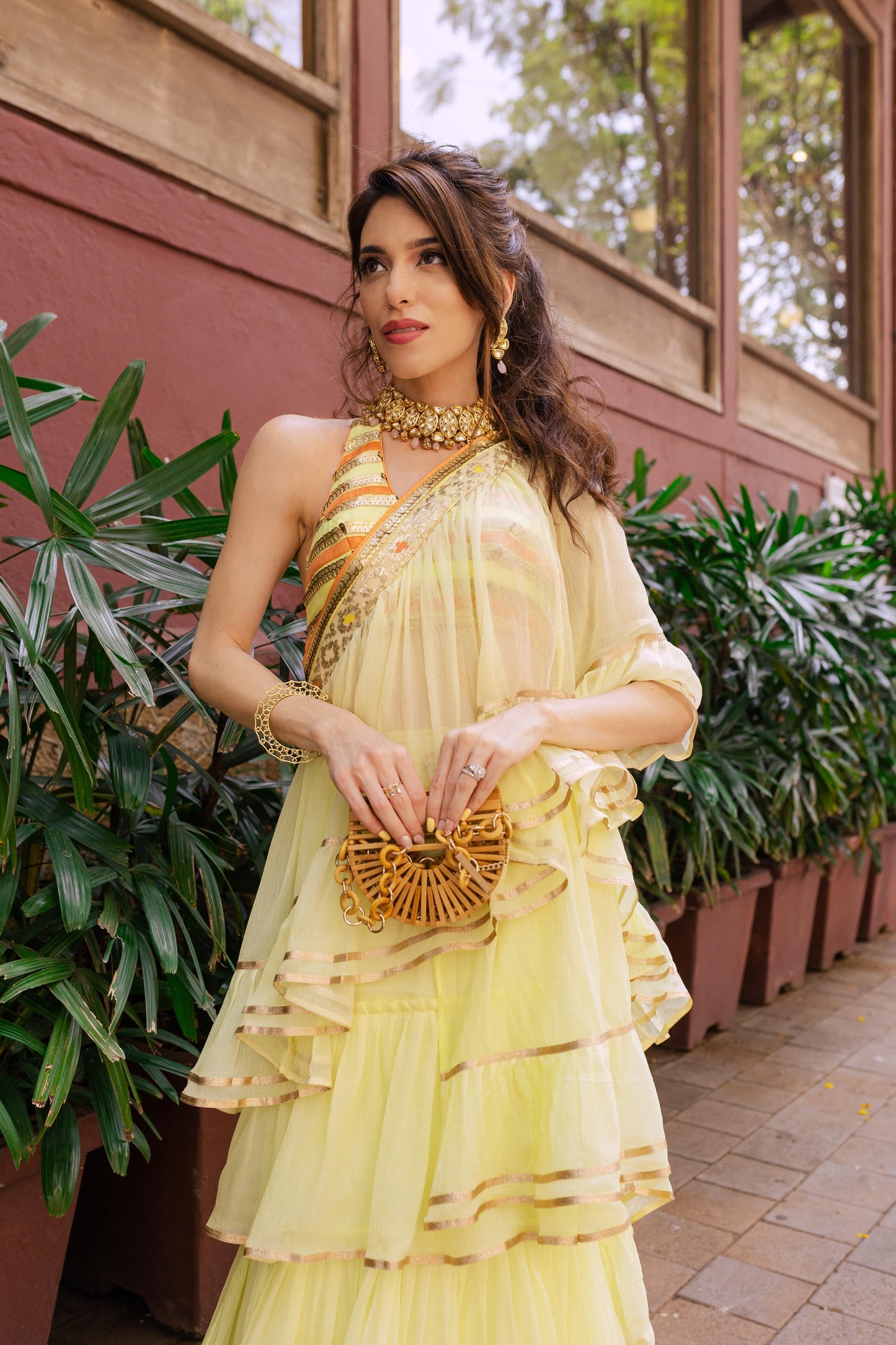 Yellow Idris frill Saree Set- front view