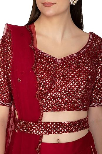 Maroon Embroidered Swarovski Net Lehenga Set