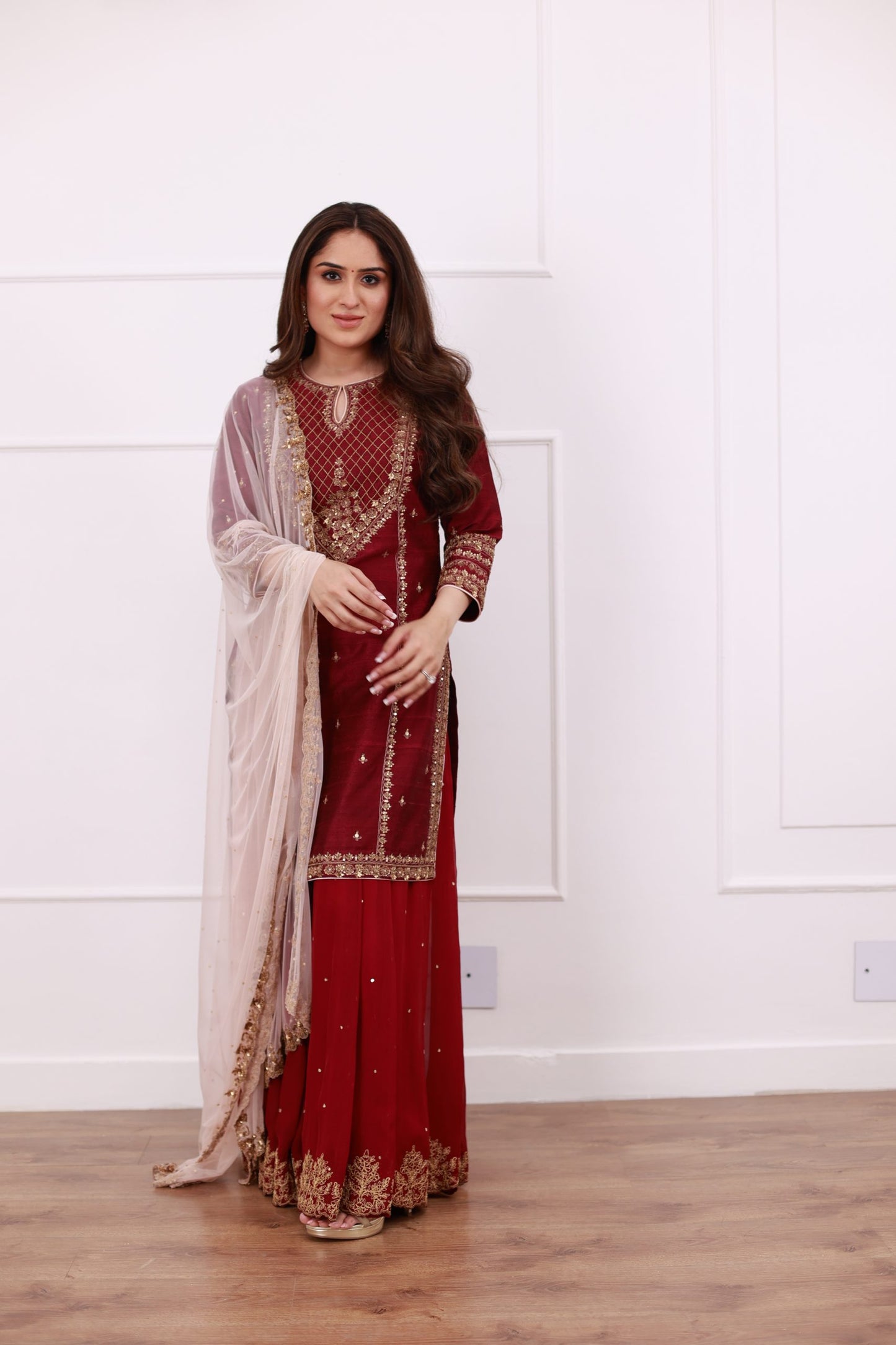 Wine Embroidered Kurta Set