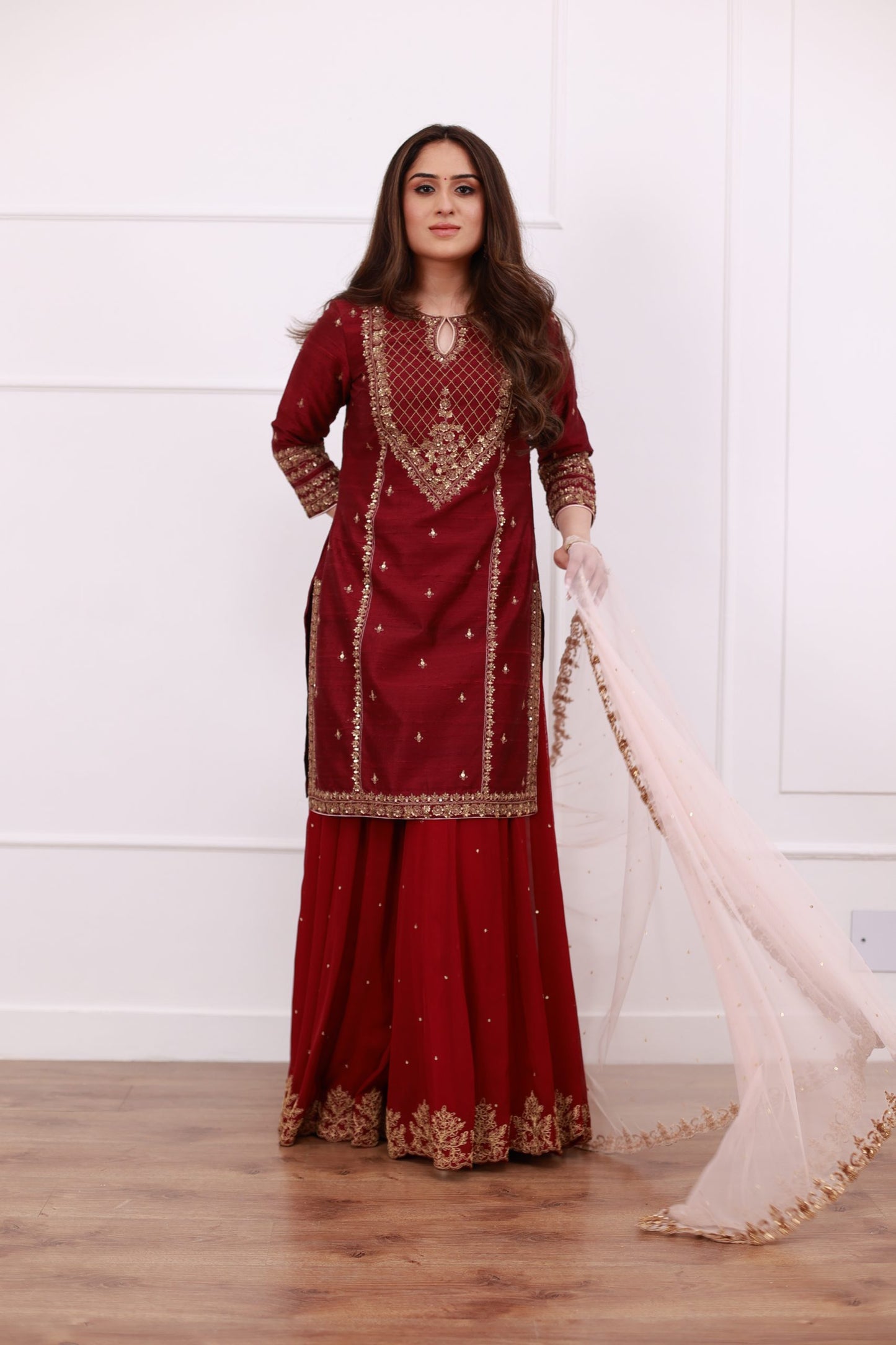 Wine Embroidered Kurta Set