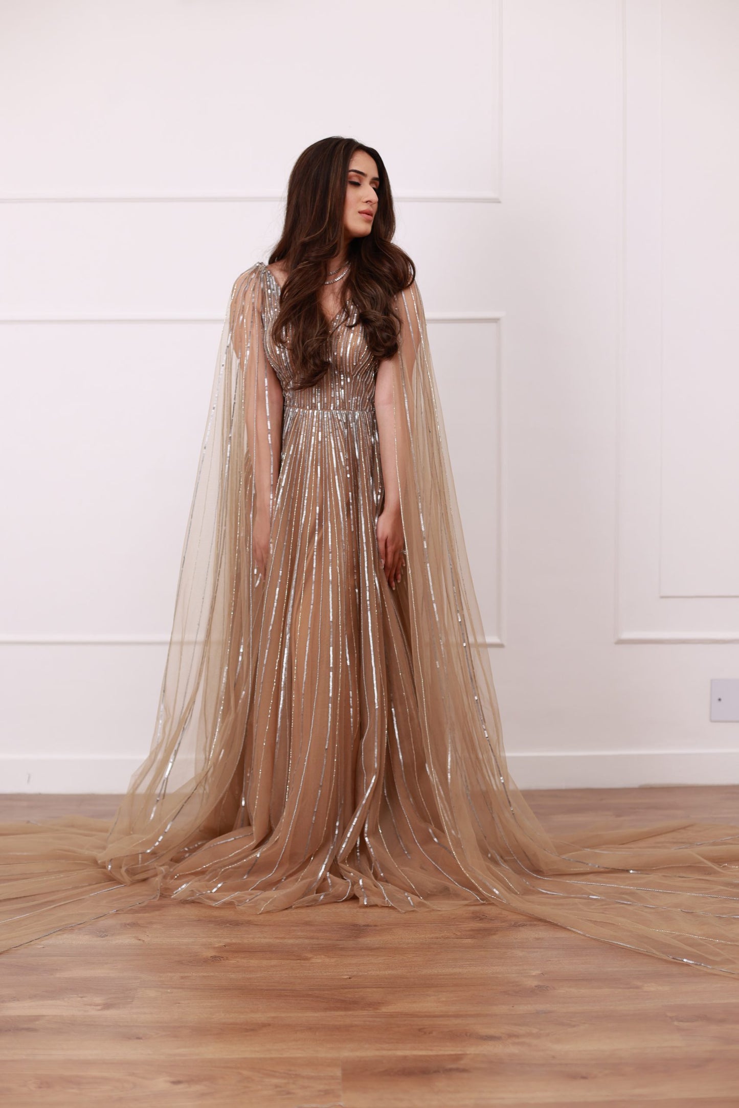 Grey Embroidered Long Sleeves Gown