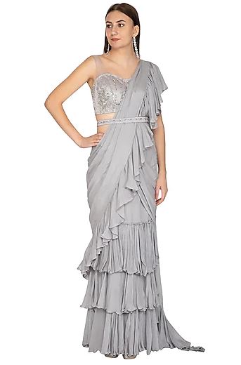 Grey Embroidered Ruffled Saree Set With Belt