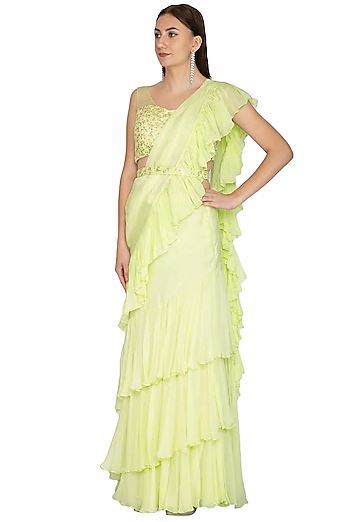 Mint Green Embroidered Ruffled Saree Set With Belt