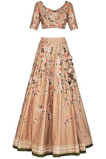 Beige &amp; Peach Dupion Silk Lehenga Set