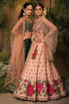 Peach Floral Embroidered Lehenga Set