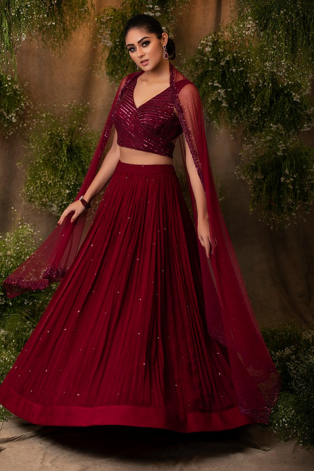 Wine Embroidered Lehenga Set