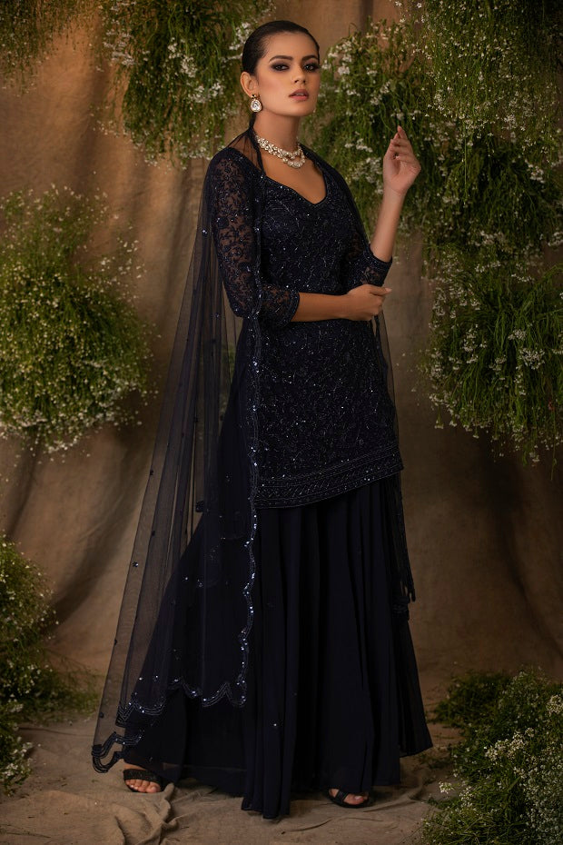 Midnight Blue Embroidered Sharara Set