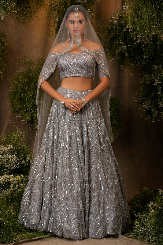 Grey Embroidered Lehenga Set