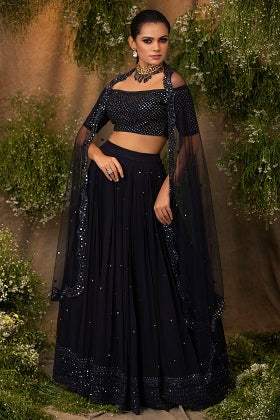 Navy Blue Emb. Swarovski Lehenga Set