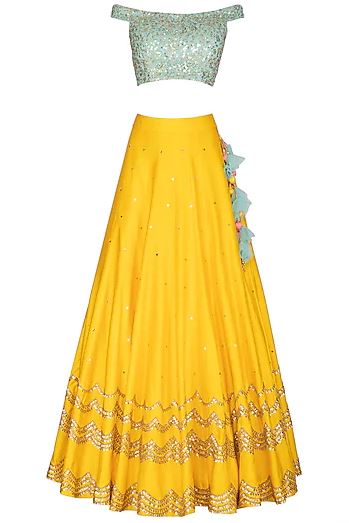 Yellow &amp; Aqua Blue Embroidered Lehenga Set