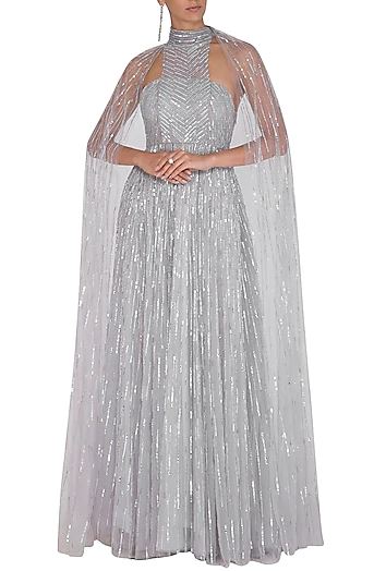 Grey Embroidered Gown Set