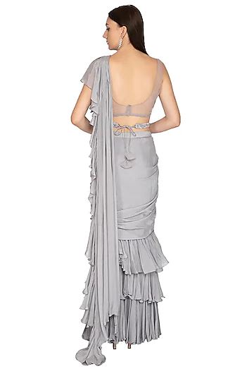 Grey Embroidered Ruffled Saree Set With Belt