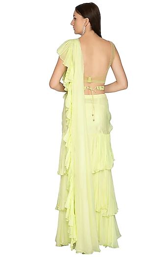 Mint Green Embroidered Ruffled Saree Set With Belt