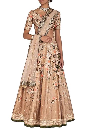 Beige &amp; Peach Dupion Silk Lehenga Set