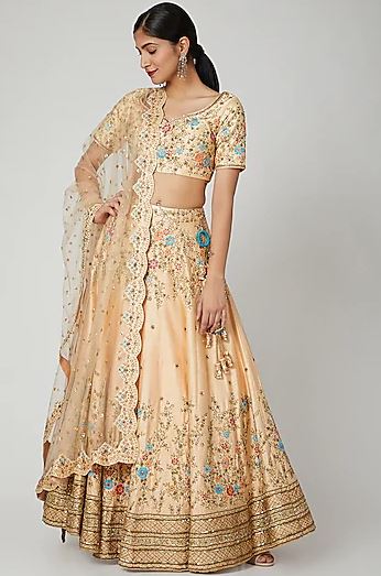 Peach Aari &amp; Zardosi Embroidered Lehenga Set