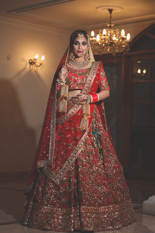 Red Raw Silk Lehenga Set