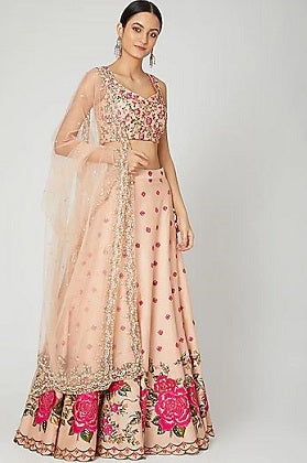 Peach Floral Embroidered Lehenga Set