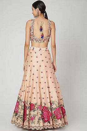 Peach Floral Embroidered Lehenga Set