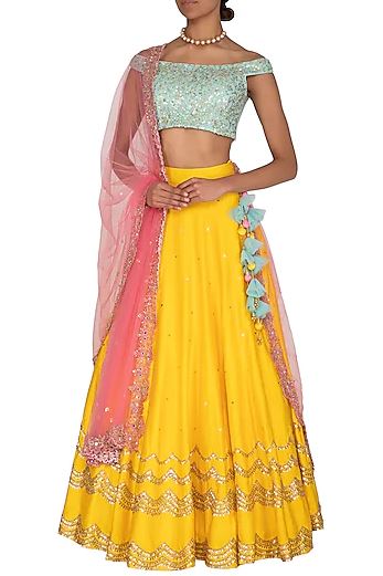 Yellow &amp; Aqua Blue Embroidered Lehenga Set