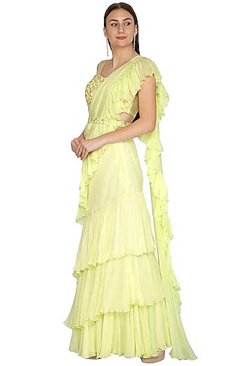 Mint Green Embroidered Ruffled Saree Set With Belt