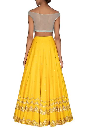 Yellow &amp; Aqua Blue Embroidered Lehenga Set