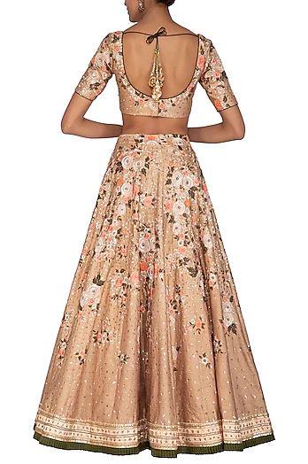 Beige &amp; Peach Dupion Silk Lehenga Set