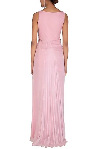 Pink Chiffon Embroidered Drape Gown Set