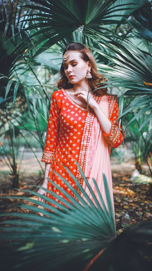 Coral Peach Kurta With  Gharara and Dupatta Set