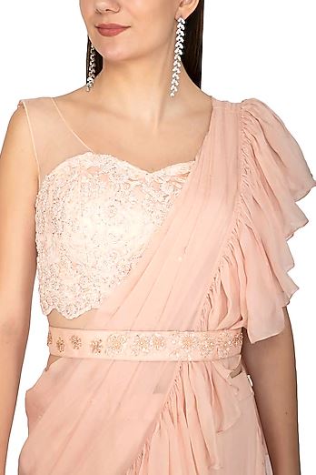 Mauve Embroidered Ruffled Saree Set With Belt