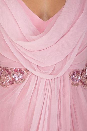 Pink Chiffon Embroidered Drape Gown Set