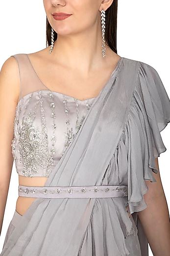 Grey Embroidered Ruffled Saree Set With Belt