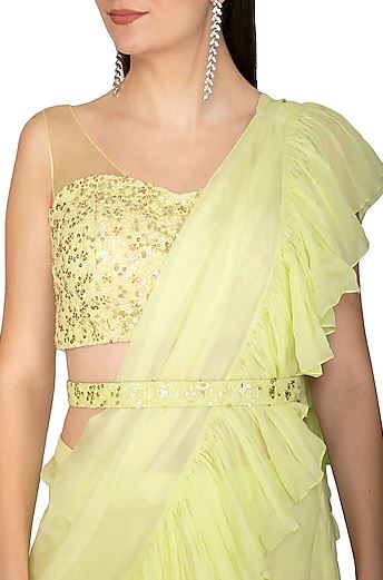 Mint Green Embroidered Ruffled Saree Set With Belt