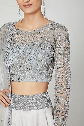 Grey Crop Top Skirt With Dupatta