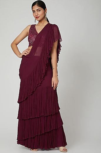 Wine Embroidered Ruffled Saree With Belt